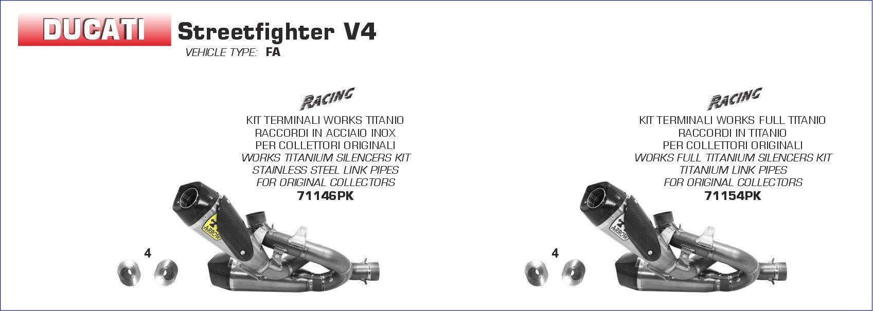 Arrow Exhaust Works Racing Silencers for Ducati Panigale V4, Streetfighter V4