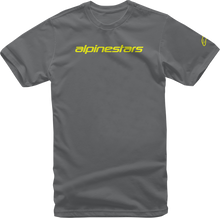 Load image into Gallery viewer, ALPINESTARS Linear Wordmark T-Shirt - Charcoal/Fluorescent Yellow - Large 1212-720201852L