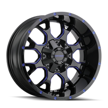 गैलरी व्यूवर में इमेज लोड करें, Mayhem 8015 Warrior 18x9 / 5x127 BP / 18mm Offset / 87mm Hub Black w/ Prism Blue Wheel