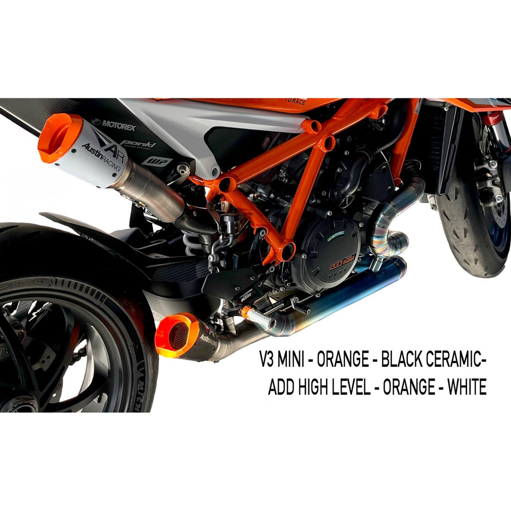 Austin Racing RS2 Full Exhaust with V3 Mini slip-on for 2020-24 KTM Superduke 1290 R, RR, Evo