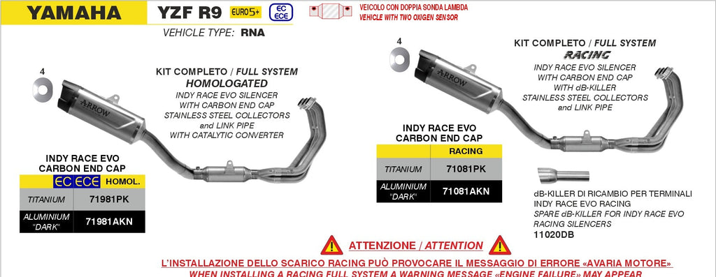 Arrow Full Competition Exhaust system with Pista silencer for 2025+ Yamaha YZF-R9 full exhaust 