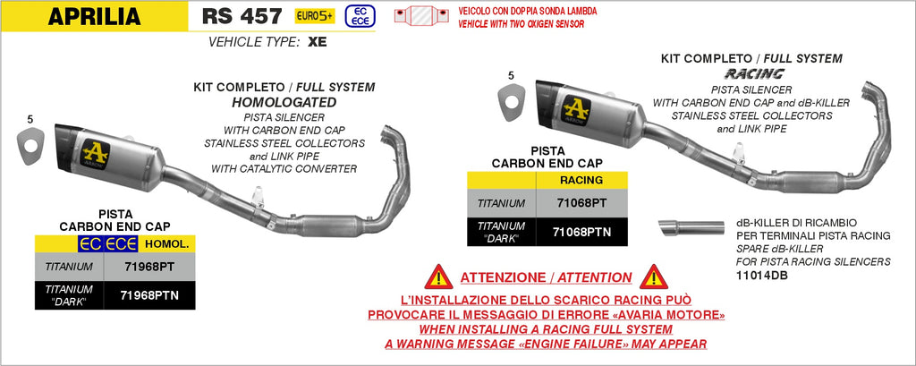 Arrow Full Exhaust System with Pista Racing muffler for 2024+ Aprilia RS 457 img all types