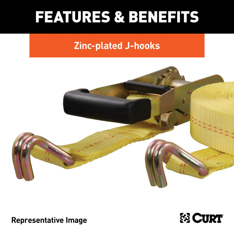 Curt 27ft Yellow Cargo Strap w/J-Hooks (3333lbs)