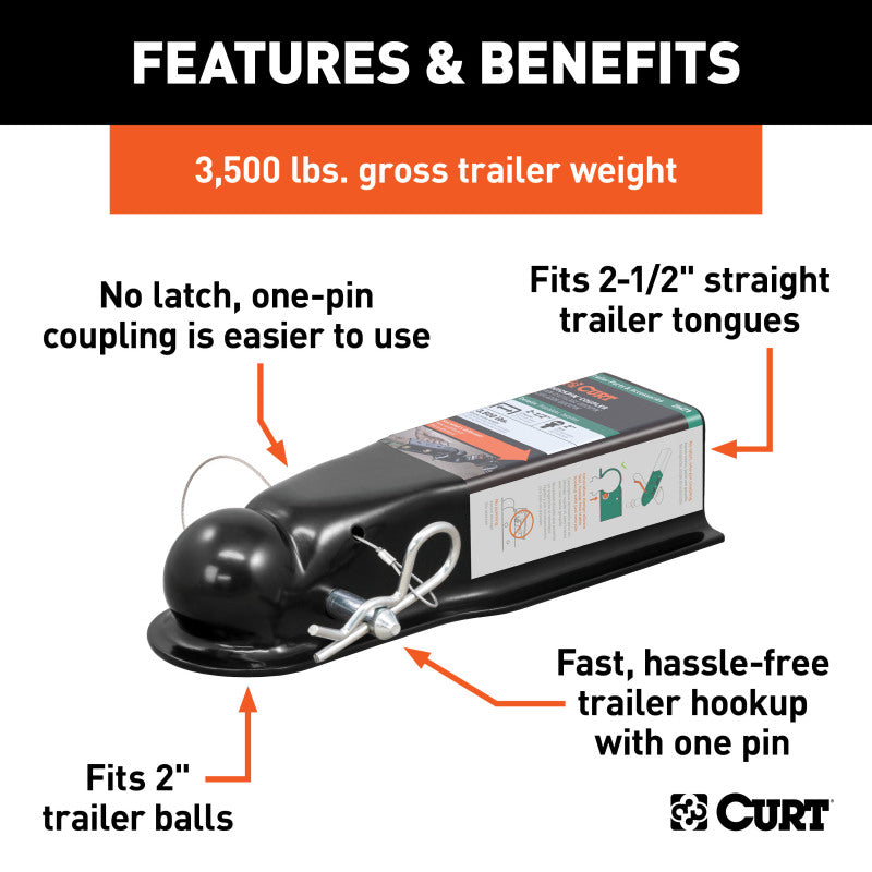 Curt QuickPin No-Latch 2in Trailer Coupler (2.5in Channel, 3,500 lbs)