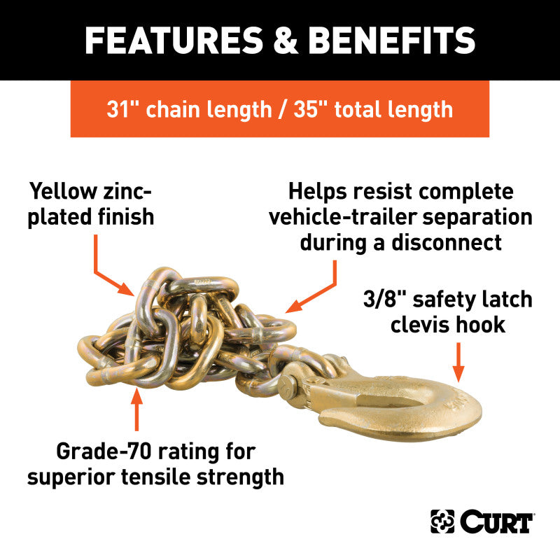 Curt 35in Safety Chain w/1 Clevis Hook (24000lbs Yellow Zinc)