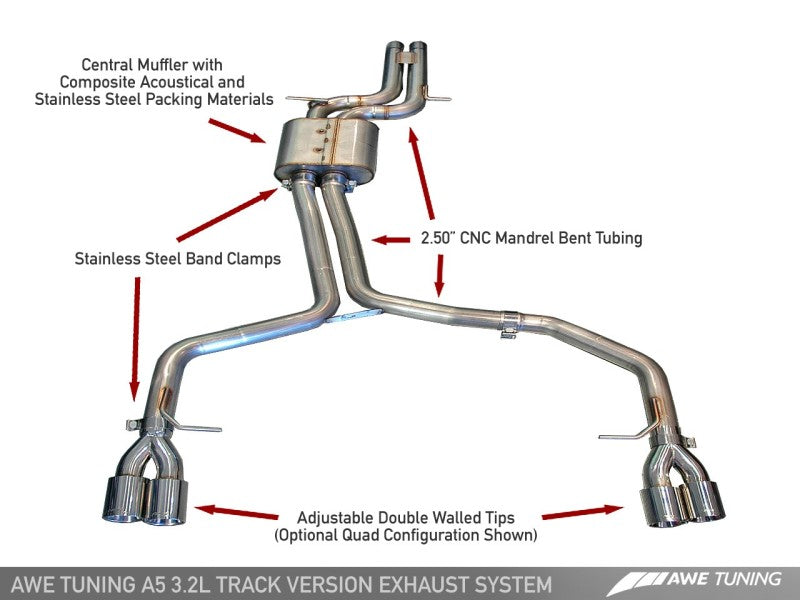 AWE Tuning Audi B8 A5 3.2L Track Edition Exhaust System - Quad 90mm Slash Cut Silver Tips