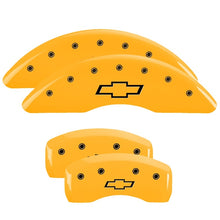 Cargar imagen en el visor de la galería, MGP 4 Caliper Covers Engraved Front &amp; Rear Bowtie Yellow Finish Black Char 2019 Chevrolet Traverse