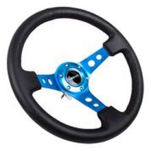 गैलरी व्यूवर में इमेज लोड करें, NRG Reinforced Steering Wheel (350mm / 3in. Deep) Blk Leather w/Blue Circle Cutout Spokes