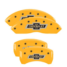 Cargar imagen en el visor de la galería, MGP 4 Caliper Covers Engraved F &amp; R 100 Anniversary Yellow Finish Black Char 2019 Chevrolet Equinox