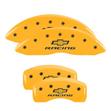 Cargar imagen en el visor de la galería, MGP 4 Caliper Covers Engraved Front &amp; Rear Chevy racing Yellow finish black ch