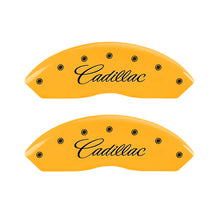 Carica l&#39;immagine nel visualizzatore di Gallery, MGP 4 Caliper Covers Engraved F &amp; R Cursive/Cadillac Yellow Finish Black Char 2017 Cadillac XT5