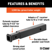 Carica l&#39;immagine nel visualizzatore di Gallery, Curt Receiver Tube Adapter (2in to 1-1/4in Shank 3500lbs GTW 9-1/2in Length)