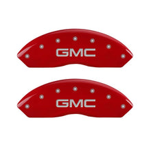 Cargar imagen en el visor de la galería, MGP 4 Caliper Covers Engraved Front &amp; Rear GMC Red Finish Silver Char 2019 GMC Arcadia
