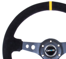 Laden Sie das Bild in den Galerie-Viewer, NRG Reinforced Steering Wheel (350mm / 3in. Deep) Blk Suede w/Circle Cut Spokes &amp; Single Yellow CM
