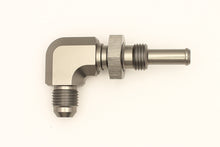 Laden Sie das Bild in den Galerie-Viewer, DeatschWerks 6AN Male Flare To 5/16in. Male Barb Bulkhead Adapter 90-Degree (Incl. Nut)