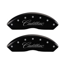 Cargar imagen en el visor de la galería, MGP 4 Caliper Covers Engraved Front &amp; Rear Cursive/Cadillac Black finish silver ch
