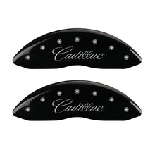 Cargar imagen en el visor de la galería, MGP 4 Caliper Covers Engraved Front &amp; Rear Cursive/Cadillac Black finish silver ch