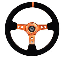 Carica l&#39;immagine nel visualizzatore di Gallery, NRG Reinforced Steering Wheel (350mm/ 3in. Deep) Black Suede/ Orange Center Mark/ Orange Stitching