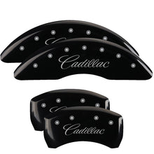 Cargar imagen en el visor de la galería, MGP 4 Caliper Covers Engraved Front &amp; Rear Cursive/Cadillac Black finish silver ch