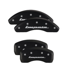 Cargar imagen en el visor de la galería, MGP 4 Caliper Covers Engraved Front &amp; Rear Chevy Racing Red Finish Silver Char 2017 Chevrolet Camaro