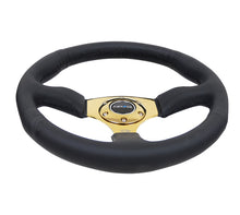 गैलरी व्यूवर में इमेज लोड करें, NRG Reinforced Steering Wheel (350mm / 2.5in. Deep) Leather Race Comfort Grip w/4mm Gold Spokes