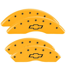Cargar imagen en el visor de la galería, MGP 4 Caliper Covers Engraved Front &amp; Rear Bowtie Yellow finish black ch