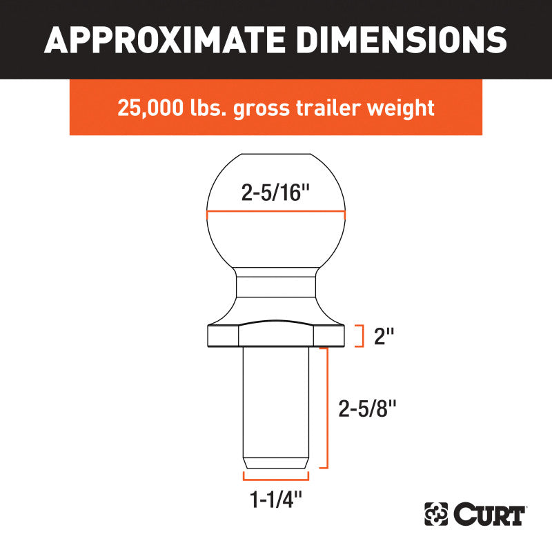 Curt 2-5/16in Trailer Ball (1-1/4in x 2-5/8in Shank 2in Rise 25000lbs Raw Steel)
