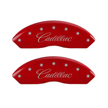 Cargar imagen en el visor de la galería, MGP 4 Caliper Covers Engraved Front &amp; Rear Cursive/Cadillac Red finish silver ch