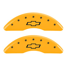 Cargar imagen en el visor de la galería, MGP 4 Caliper Covers Engraved Front &amp; Rear Bowtie Yellow finish black ch