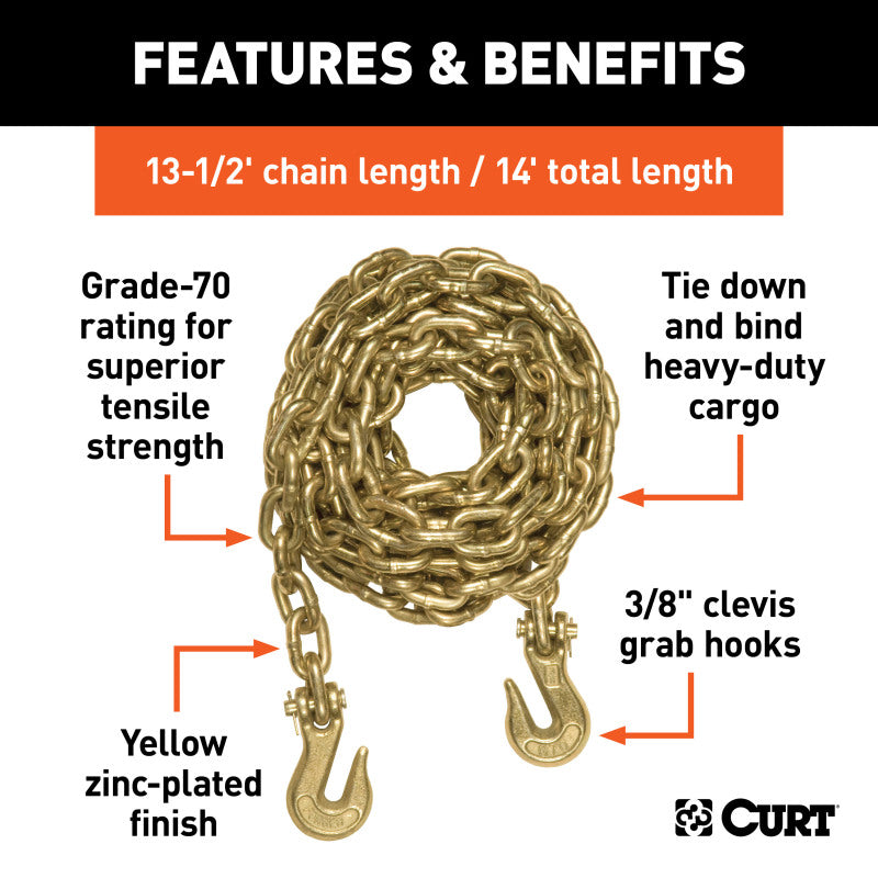 Curt 14ft Transport Binder Safety Chain w/2 Clevis Hooks (26400lbs Yellow Zinc)