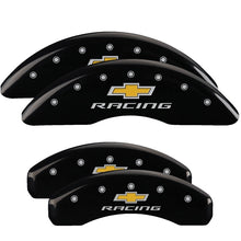Carica l&#39;immagine nel visualizzatore di Gallery, MGP 4 Caliper Covers Engraved F &amp; R Chevy Racing Black Finish Silver Char 2019 Chevrolet Camaro