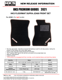 HKS 93-02 Toyota JZA80 Supra Front Floormat Set - LHD