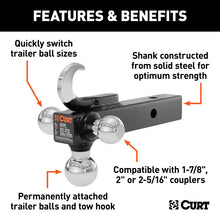 गैलरी व्यूवर में इमेज लोड करें, Curt Multi-Ball Mount w/Hook (2in Solid Shank 1-7/8in 2in &amp; 2-5/16in Chrome Balls)