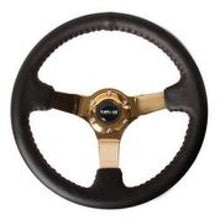 गैलरी व्यूवर में इमेज लोड करें, NRG Reinforced Steering Wheel (3in Deep / 4mm) 350mm Blk Leather w/Red BBall Stitch &amp; Gold Spoke