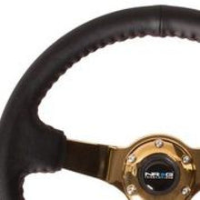गैलरी व्यूवर में इमेज लोड करें, NRG Reinforced Steering Wheel (3in Deep / 4mm) 350mm Blk Leather w/Red BBall Stitch &amp; Gold Spoke