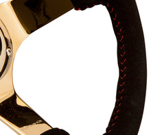 Laden Sie das Bild in den Galerie-Viewer, NRG Reinforced Steering Wheel (350mm / 3in. Deep) Blk Suede w/Red BBall Stitch &amp; Chrome Gold 3-Spoke