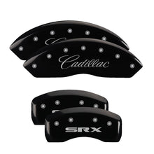 Cargar imagen en el visor de la galería, MGP 4 Caliper Covers Engraved Front Cursive/Cadillac Engraved Rear SRX Black finish silver ch