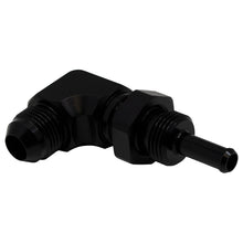 गैलरी व्यूवर में इमेज लोड करें, DeatschWerks 8AN Male Flare to 5/16in Male Barb Bulkhead Adapter 90-Degree - Anodized Matte Black