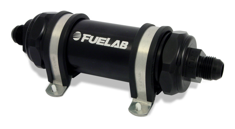 Fuelab 828 In-Line Fuel Filter Long -10AN In/-12AN Out 100 Micron Stainless - Black
