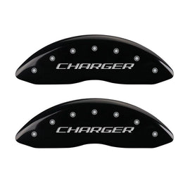 MGP 4 Caliper Covers Engraved Front Charger Engraved Rear RT Black finish silver ch