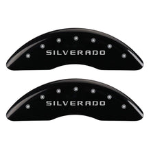 Charger l&#39;image dans la galerie, MGP 4 Caliper Covers Engraved Front &amp; Rear Silverado Black finish silver ch