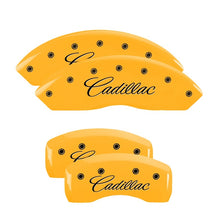 Carica l&#39;immagine nel visualizzatore di Gallery, MGP 4 Caliper Covers Engraved F &amp; R Cursive/Cadillac Yellow Finish Black Char 2004 Cadillac CTS