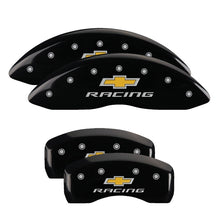 Laden Sie das Bild in den Galerie-Viewer, MGP 4 Caliper Covers Engraved Front &amp; Rear Chevy racing Black finish silver ch