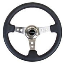 Carica l&#39;immagine nel visualizzatore di Gallery, NRG Reinforced Steering Wheel (350mm / 3in. Deep) Blk Leather w/Gunmetal Circle Cutout Spokes