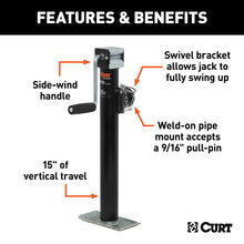 Carica l&#39;immagine nel visualizzatore di Gallery, Curt Pipe-Mount Swivel Jack w/Side Handle (2000lbs 15in Travel)