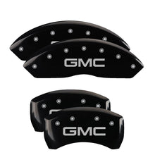 Cargar imagen en el visor de la galería, MGP 4 Caliper Covers Engraved Front &amp; Rear GMC Black Finish Silver Char 2019 GMC Arcadia