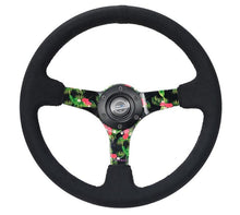 गैलरी व्यूवर में इमेज लोड करें, NRG Reinforced Steering Wheel (350mm / 3in. Deep) Black Suede w/ 5mm Floral 3-Spoke Center