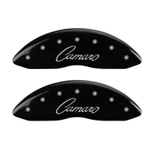 Charger l&#39;image dans la galerie, MGP 4 Caliper Covers Engraved Front &amp; Rear Cursive/Camaro Black finish silver ch