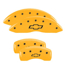 Cargar imagen en el visor de la galería, MGP 4 Caliper Covers Engraved Front &amp; Rear Bowtie Yellow Finish Black Char 2008 Chevrolet Impala