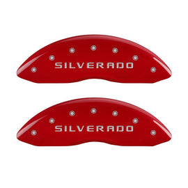 MGP Front set 2 Caliper Covers Engraved Front Silverado Red finish silver ch